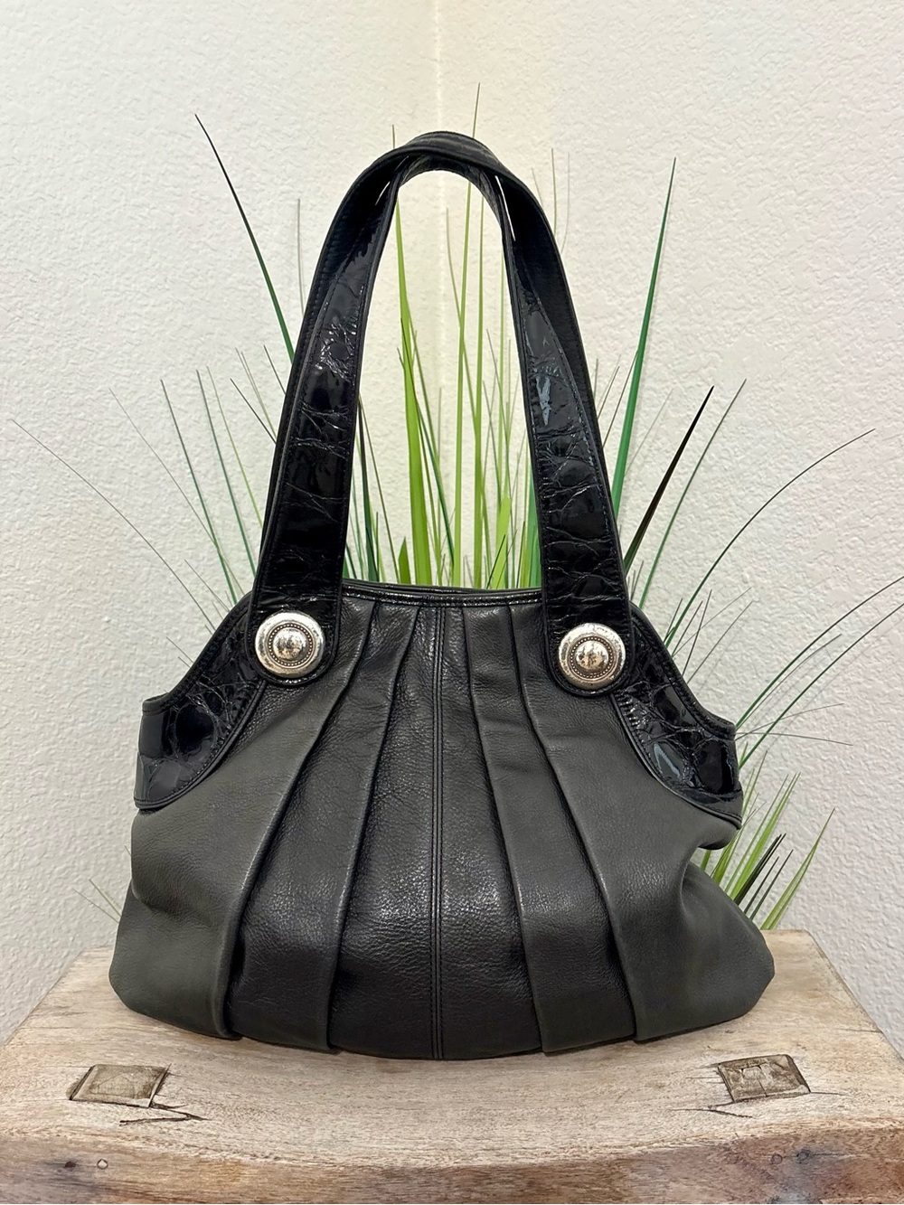 Brighton Black Pleated Leather Shoulder Bag